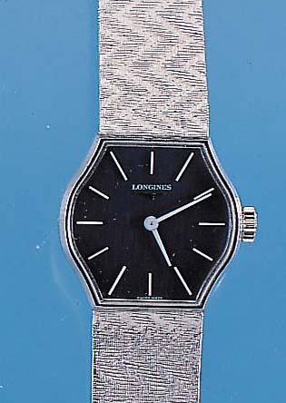 LONGINES DAMENGOLDBANDUHR, REF.-NR. 5/10- 4523, SCHWEIZ UM 1972, WG 750/000-GEH. INCL. WG-BAND RHOD., KONTRASTZIFFERBL., BODEN ...