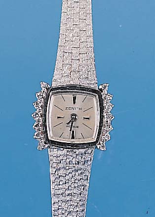 ZENITH DAMENGOLDBANDUHR, NEUTR. WG 750/000- GEH. INCL. WG-BAND RHOD., LüNETTE SEITL. M. 14 8/8 DIAMANTEN ZUS. CA. 0,21 CT FEINES WEIß,BODEN ...