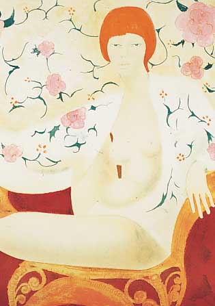 Bonnefoit, Alain, *1937, zeitgenössischer Kün-stler, Auf Sofa sitzender weiblicher Akt mitroten Haaren vor Rosentapete, Farblithografie,Nr. ...