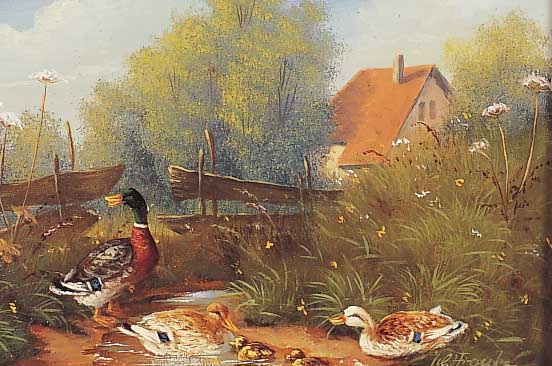 Franke, G., Tiermaler, Mitte 20. Jh., In feiner traditioneller Art, Hier: Entenfamilie am sommerlichen Teich vor einem Gehöft, Öl/ Holz, ...