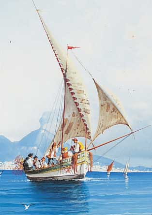 GIANNI, M., ITALIENISCHER KüNSTLER UM 1900, SEGELBOOTE IM GOLF VON NEAPEL, GOUACHE, SIGN., DAT. 1899, IM PP UNTER GLAS GER., 42 X 18 CM, R.