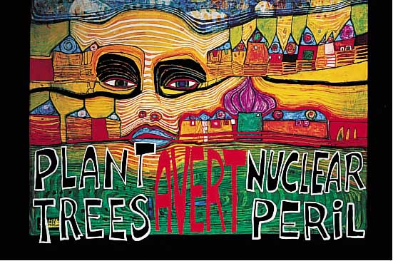 Hundertwasser, Friedensreich, Plant Trees, Avert Nuclear Perils, Farboffset, ca. 59 x 83 cm, Heftlöcher in den Ecken
