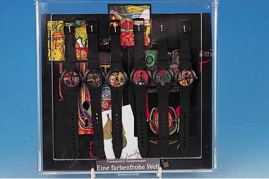 HUNDERTWASSER, FRIEDENSREICH, 6-TEILIGE UHRENKOLLEKTION VON 1993, KOMPLETT: MISTER BRO, CITY LIGHTS, DAY DREAM WINDOW, SLEEPING ROOF, ...