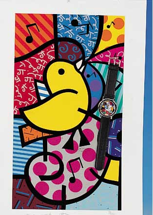 BRITTO, ROMERO, FARBSERIGRAPHIE, HANDSIGN., NUM. 81/110, CA. 40,5 X 22,5 CM, DAZU ART- WATCH ARMBANDUHR DESIGNED BY BRITTO, UNGETRA- GEN, NUM. ...
