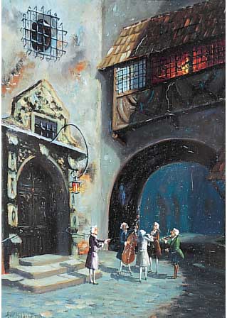 HILDEBRAND, EMIL, MüNCHNER KüNSTLER ENDE 19.JH., MALTE IN SPITZWEG-MANIER, HIER: NäCHT- LICHES STäNDCHEN VON 5 MUSIKANTEN VOR EINEM ...