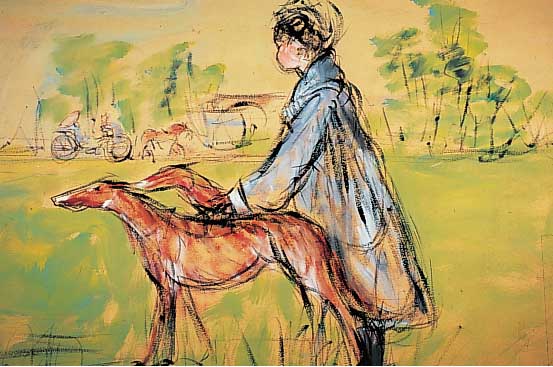 JäGER, WILLY, TäTIG 2. HäLFTE 20. JH. IN UETTINGEN, HIER: JUNGE DAME MIT WINDHUNDEN, ÖL/MALKARTON (MIN. BESCH.), SIGN., 70 X 100 CM, R.