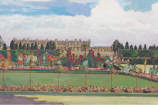 Müller, Roderich, Künstler des 19./20. Jh., Schloss Versailles in Paris von der Garten- seite, Gouache, sign., dat. 1914, Ortsbez. Paris, 32 ...