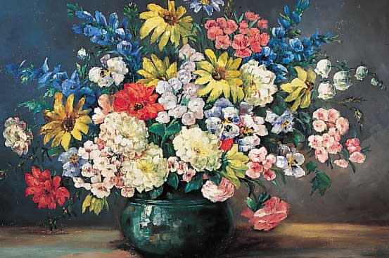 Scholz, Düsseldorfer Künstler Anfang 20. Jh., Hier: Prachtvolles Blumenstilleben in blauer Schale, Öl/Lwd. (min. rest.), sign. u. bez. ...