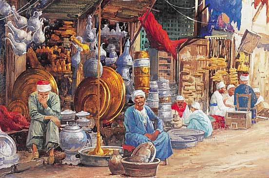 SCHULZE, HANS RUDOLF, *1870 BERLIN, BERLIN- ER LANDSCHAFTS- UND STäDTEMALER, HIER: BASAR- HäNDLER VOR IHREN LäDEN IN CAIRO, ÄGYPTEN, AQUARELL ...