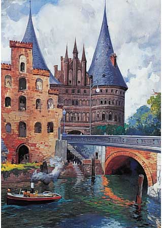 SCHULZE, HANS RUDOLF, * 1870 BERLIN, BERLIN-ER STäDTEMALER- UND LANDSCHAFTSMALER, HIER: DAS HOLSTENTOR IN LüBECK, AQUARELL UND GOUACHE, ...
