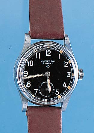 UNIVERSAL GENEVE Herrenarmbanduhr, Ref.-Nr. 31250/890354, Schweiz um 1940, Metall verchr.,Edelst.-Boden u. Glasr. gedr., schw. Kontrast-zifferbl., ...