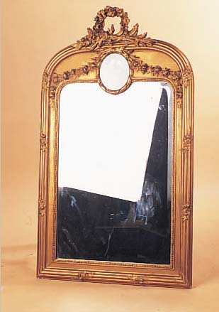 WANDSPIEGEL, FRANKREICH, UM 1870, HOLZ FLORAL GESTUCKT, FACETT. GLASEINSATZ, EINGELEGTES BILD, CA. 129 X 76CM, LEICHT BEST.