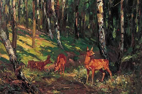 UNBEK. KüNSTLER 19./20.JH, WOHL FRANKREICH, REHE IM BIRKENWALD, ÖL/LWD./HOLZ, UNLESERLICH SIGN., 40 X 50 CM, R.