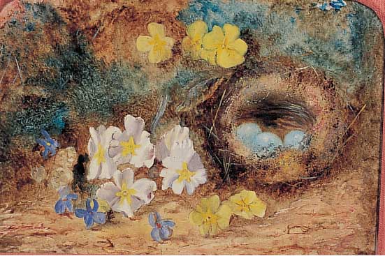 UNBEK. KüNSTLER DES 19. JH., WOHL BELGIEN, DREI GEGENSTüCKE IN EINEM RAHMEN GERAHMT, HIER: BLUMEN MIT VOGELNEST UND ZWEIMAL DAR- STELLUNG ...