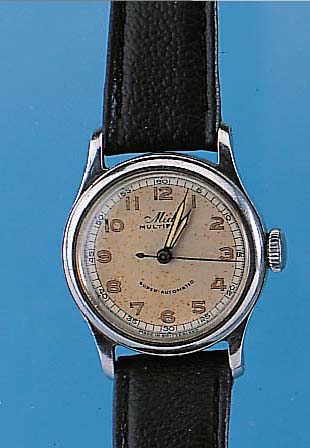 MIDO HERRENARMBANDUHR MODELL MULTIFORT, REF.-NR. 220, SCHWEIZ UM 1949, EDELST., BODEN GESCHR., BEI FERTIGST. WASSERGESCH., SOG. ...