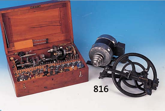 DREHMASCHINE FüR UHRMACHER, WOLF, JAHN & CO., UM 1920, ORIGIN. HOLZKASTEN, WANGENLäNGE 24,5 CM, SPINDELSTOCK MIT INDEXHEBEL, REIT- STOCK, ...