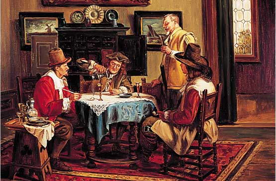 Unbekannter Maler der 50er/60er Jahre, nach dem Vorbild um 1900, Interieur mit Zechern, Öl/Hartfaser, ca. 60 x 69 cm, R.