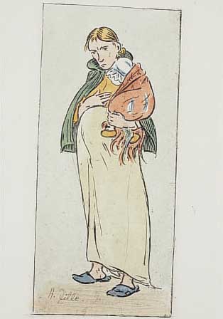Zille, Heinrich, 1858-1929, Farbradierung, schwangere Frau mit Kind, im Druck sign., rückseitig Nachlaßstempel, num. 11/100, ca. 16,5 x 7,5 ...