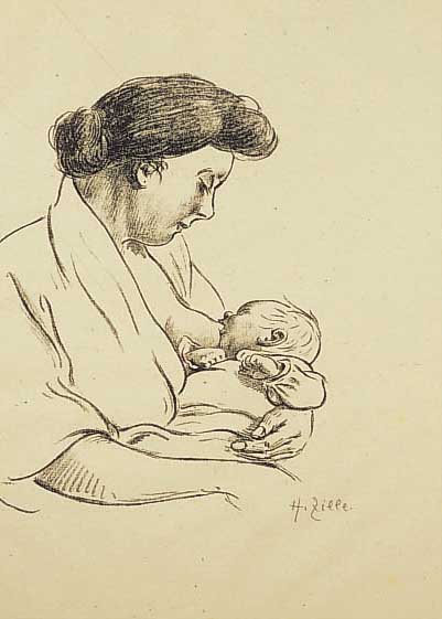Zille, Heinrich, 1858-1929, Stillende Mutter, Lithographie von 1924, aus der Reihe Komm Kalinken Komm, Auflage 200 Exempl., re. u. ...