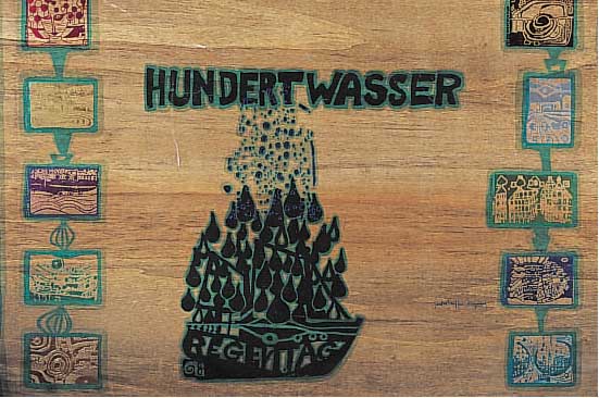 Hundertwasser, Friedensreich, Holzbox, orig.Einband zur Regentag-Mappe, handsign. und num.594/3000, ca. 55 x 72 cm, Griff besch.