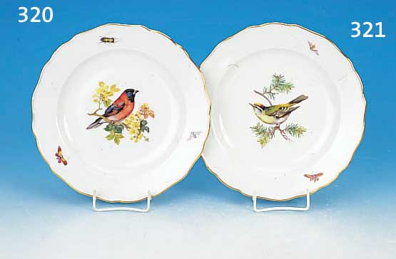 TELLER, MEISSEN, UM 1900/10, 1. WAHL, PORZELLAN, VOGELDEKOR MIT DREI INSEKTEN, GOLDRAND, D. 24 CM