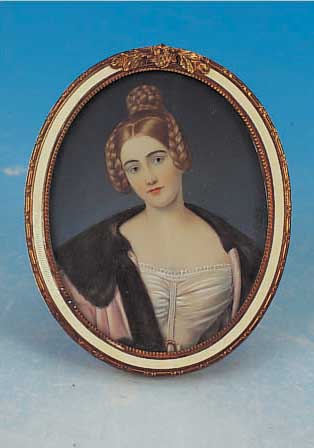 Miniaturmalerei, deutsch, nach 1900, Portrait einer Biedermeierfrau, nach Stieler, auf Elfenbein, emaillierter Rahmen, dieser l. beschädigt, ...