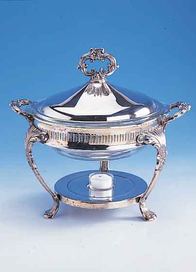 Aufsatzterrine mit Stövchen, Metall versilbert, Glaseinsatz, barockisierend, aufwendig, mit Teelicht, H ca. 30 cm, D ca. 28 cm