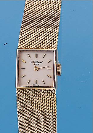 CHOPARD DAMENGOLDBANDUHR, REF.-NR. 81064, SCHWEIZ UM 1965, GG 750/000, BODEN GEDR., VERSBLATT, STD.-ZEICHEN U. ZEIGER IN GG, 17 ST., ...