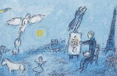 Chagall, Marc, Maler mit Staffelei vor Stadtkulisse, Farblithographie, Doppelblatt mit Bugfalte, ca. 31,5 x 47 cm, u.Gl., R.
