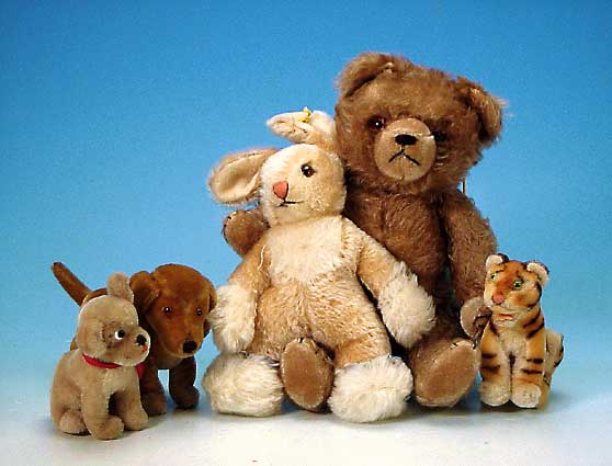 6 TIERE, STEIFF, 60ER JAHRE UND SPäTER, 1 X WOHL HERRMANN, U.A. HASE, HUND, TIGER, DACKEL, AFFE, BäR, VERSCH. GRößEN ZW. 13-40CM ...