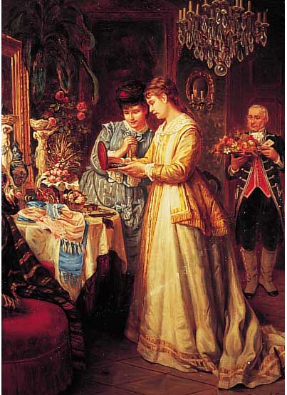 Guyot, A., frz. Maler, datiert 1880, Reiches Interieur, Junge Frau zeigt der Freundin ein Collier, im Hintergrund Diener mit ...