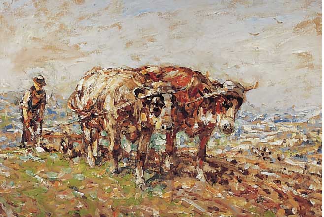 Seyler, Julius, 1873 München-1958, Pflügender Bauer, Öl/Malkarton, re. u. sign., ca. 60 x 79 cm, R.