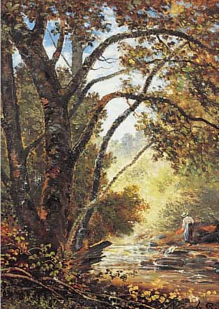 Pierdon, Francois, 1821-1904, Wäscherin an baumbestandenem Flußufer, Öl/Lwd, re. u. sign., krakeliert, leichtere altersbedingte ...