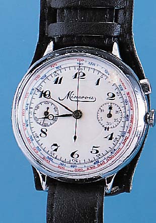 MINERVA Armbandchronograph, Schweiz um 1932,Metall nachverchr., Edelst.-Boden u. Glasrand gedr., Lederband später, Emailbl. rep. bei 1, gebl. ...