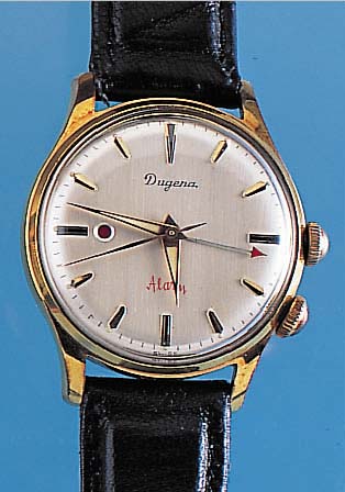 DUGENA Armbandwecker Modell Alarm, Schweiz um 1960, Metall verg., ber., Edelst.-Boden geschr., vers. Blatt, Weckbereitschaftsanz. durch ...