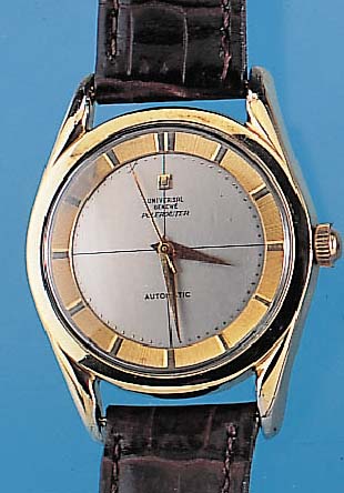 UNIVERSAL GENEVE Herrenarmbanduhr Polerouter, Schweiz um 1954, Edelst. m. Goldhaube, Bo- den geschr., bei Fertigst. wassergesch., Blattrest., ...