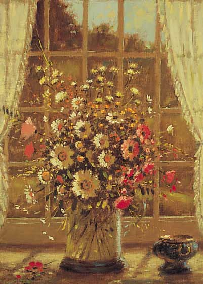 van der Porten, H.W., niederländischer zeit- genössischer Maler, Blumenstilleben vor Fenster, Öl/Lwd, re. u. sign., ca. 40 x 30 cm, R.