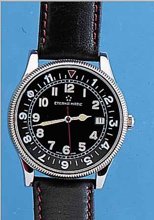 ETERNA FLIEGERARMBANDUHR AIRFORCE I, REF.- NR. A152/8405,41, SCHWEIZ UM 1998, EDELST. POL., BODEN GEDR., LEDERBAND, ORIG.-ETUI, BE- DIENUNGSANL. ...