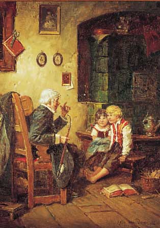 van Doren, Hein, zeitgenössischer niederlän- discher Künstler, nach altem Vorbild, Groß- vater erzählt den Kindern eine Geschichte in ...
