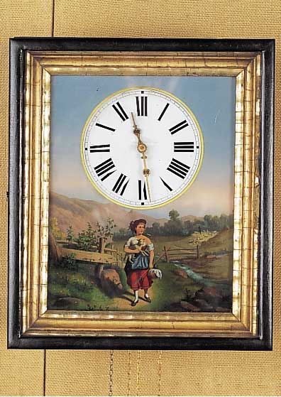 Rahmenuhr, Schwarzwald, um 1880, verglaste Türe, goldene Leisten, Hinterglaslithographie,Holzplatinenwerk im Gehäuserahmen, Stunden- schlag auf ...
