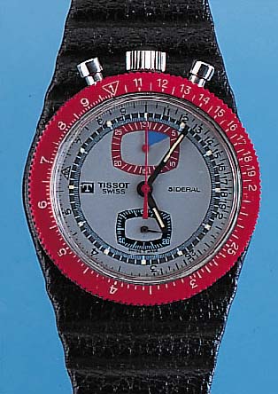 TISSOT Armbandchronograph Sideral, Schweiz um 1969, Orig.-Zustand, im Fiberglasgeh., Lederband im Boden integriert, Pultform, für Sportzwecke ...