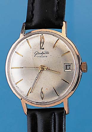 GLASHÜTTE Herrenarmbanduhr, Ref.-Nr. 633147,Deutschland um 1965, Metall rotverg., Edelst.-Boden gedr., Zentralsek., Datum, Blatt l. fl.,Lederband ...