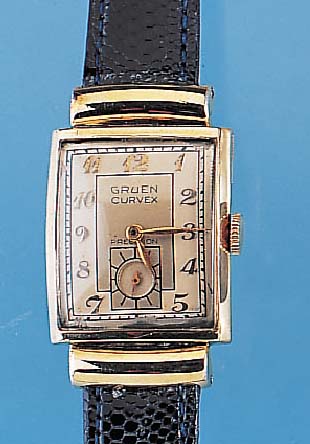 GRUEN Herrenarmbanduhr Curvex, Ref.-Nr. G422356, USA/Schweiz um 1949, GG-filled, Car- reeform m. verd. Bandanst., Boden gedr., in sich extrem ...