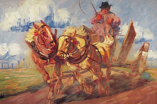 Würffel, Hans, geb. 1884 Hamburg, Zügelschüler Bauer mit Pferdefuhrwerk, Öl/Holz, re. u. sign., ca. 80 x 93 cm, R.