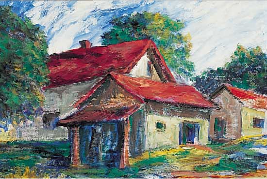 Krinner, Michaela, geb. 1915 Waldmünchen, Meisterschülerin Oskar Kokoschkas, Häuser am Waldrand, Öl/Malkarton, re. u. sign., ca. 45 x56 cm, R.