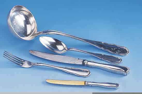 35-teiliges Besteck für 6 Personen, deutsch, 30er Jahre, Bruckmann, 800er Silber, Sächsisches Hofbesteck, Entwurf von 1932, best. aus: ...