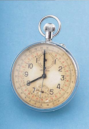 LEMANIA TASCHENCHRONOGRAPH LEPINE, SCHWEIZ UM 1948, METALL VERCHR., FüR DIE TSCHECH. ARMEE, SO GRAV. AUF GEH.-BODEN, SCHNELLSCHW., BLATT ...