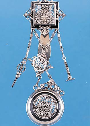 Taschenuhrgehäuse m. Schlüssel u. Siegel, Metall versilb., deutsch um 1880/90, Renais- sancestil, schw. Email z.T. besch.