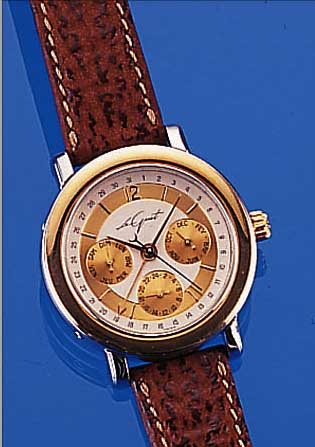 LE GUET HERRENARMBANDUHR DU TEMPS, REF.-NR. 2630, SCHWEIZ UM 1990, EDELST. POL., LüNETTE U. KRONE HARTVERG., AUTOMATIK M. MODERNER TAG-DATUM U. ...