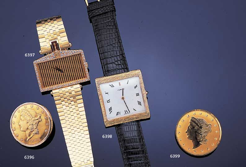 ESKA MüNZUHR IN FORM EINER 20-DOLLAR-US-GOLD- MüNZE, SPRUNGDECKELEFFEKT D. SEITL. DRüCKER,ULTRAFLACHES BRüCKENANKERWERK, BAUWEISE F. PIQUET, ...